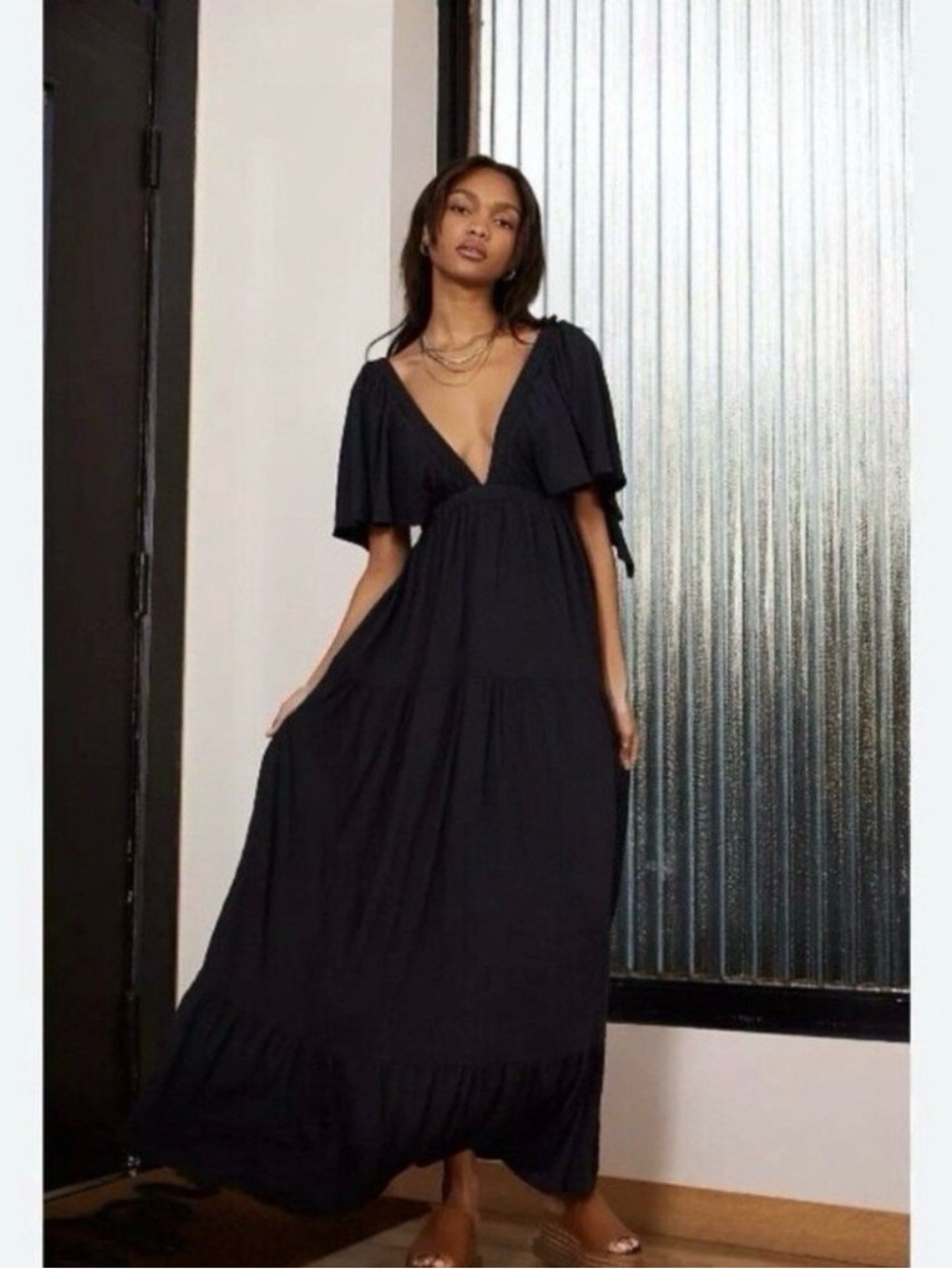 Free People Beach La La Maxi Dress Black Textured Tiered Boho Gown XS